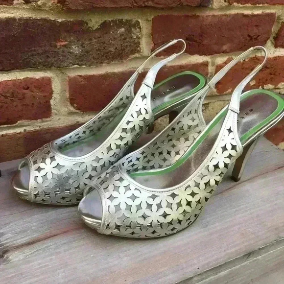 METAPHOR Platform Pump Heels Silver Cut Out Open Toe Sling Back Heels Size 9 - Picture 2 of 8
